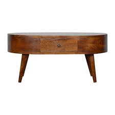 This functional design features bottom shelf for added storage, metal strap embellishing on top panel. In906 Chestnut Rounded Coffee Table By Artisan Furniture In Coffee Tables