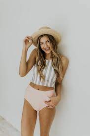 Light Grey White Vertical Stripe Midkini Modest Swimsuit Top Roolee Women Swimsuits Womens Swimsuits Bikini Swimwear Girls