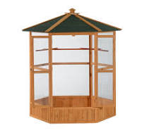 PawHut 69" Wooden Hexagonal Outdoor Aviary Flight Bird Cage With Covered  Roof, Brown