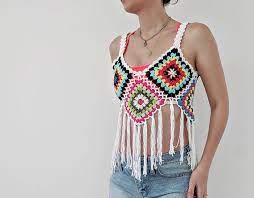 This granny square top free crochet pattern is so fun to do and look fantastic when assembled. Retro Granny Square Crochet Crop Top Pattern Boho Festival Etsy