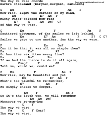 Song Lyrics With Guitar Chords For The Way We Were Barbra Streisand Lyrics And Chords Guitar Lessons For Beginners Guitar Chords