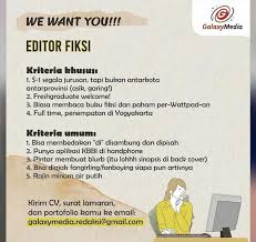 Chairul tanjung yang dimana beliau memiliki. Lowongan Kerja Editor Fiksi Di Galaxy Media Jogja Loker Swasta