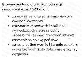 Bo widzisz konfederacja warszawska nie wymieniała żadnych konfesji po imieniu, w praktyce obejmowała całość szlachty, z mieszczaństwem sprawa jest bardziej zagmatwana, ale jesli będziesz chciał to bardzo chętnie ci wyjaśnię. Prosze O Pomoc Klasa 6omow Glowne Postanowienia Konfederacji Warszawskiej Brainly Pl