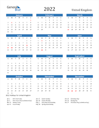 2022 united kingdom calendar with holidays