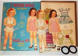 1950's Sally and Sue wooden dolls w paper clothes