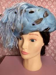 Mitzi Lorenz Blue Vintage Women's Statement Feather Hat ostrich feather