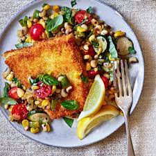 Triggerfish Schnitzel With Summer Succotash In 2021 Fish Recipes Healthy Summer Succotash Fish Recipes