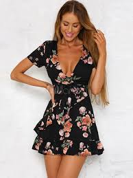 Preise vergleichen und bequem online kaufen! Sommerkleider Schwarz Damenmode Kurz Mit Spitzem Dekollete Chiffon Kleider Kurzarm Sommerkleid Im Schicken Modischen Style Und Printmuster Milanoo Com
