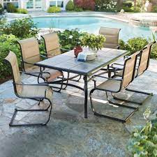 Hampton Bay Belleville 7 Piece Padded Sling Outdoor Dining Set Fcs80198cst The Home Depot Patio Outdoor Patio Furniture Sets Outdoor Patio Furniture