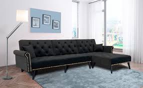 Best choice products convertible lounge sofa bed w/ adjustable back, wood frame, faux leather, tufted design. Amazon Com Black Sectional Sofa Sleeper Bed Julyfox 900 Lb Heavy Duty 115 Inch 3 Seater Sectional Sofa W Chaise Velvet Sofa Futon Modern Day Bed W Nail Head Trim For Living Room Small Spaces Kitchen