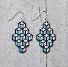 Items Similar To Geometric Light Pink Turquoise Blue And Black Lined Box Pattern Beaded Earrings Bead Jewellery Beaded Earrings Patterns Bead Weaving Patterns