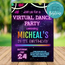 Template Free Quarantine Birthday Invitation Card Printable Glow Virtual Party Invitation Template Instant Download In 2020 Party Invite Template Virtual Party Invitation Template