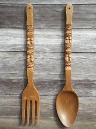Retro Kitchen Wall Art Big Carved Wooden Forks Spoons 60s 70s Vintage Tiki Wood Wooden Fork Kitchen Wall Art Vintage Tiki