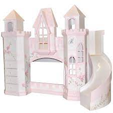The princess castle tent bunk bed with slide includes a tent over twin bed and a covered hiding place below. Palagio Castle Bed W Curved Slide
