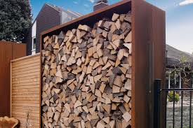 Holzlager Fur Den Garten In Edel Oder Corten Stahl In Ral Farbe Liguna In 2020 Holzlager Kaminholz Aufbewahrung Garten