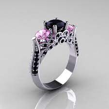 14k White Gold Three Stone Light Pink Sapphire Black Diamond Etsy Black Diamond Solitaire Ring Black Diamond Solitaire Wedding Rings Solitaire