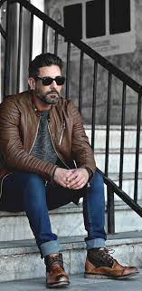 Fall Combo Inspiration Brown Motocycle Leather Jacket Gray Marbled T Shirt Dark Wash Denim Sunglasses Bla Mens Outfits Cool Street Fashion Mens Clothing Trends
