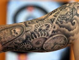 Black And Gray Half Sleeve By Shaun Carroll Of Hot Rod Tattoo In Blacksburg Va Uhr Tatowierungen Getriebe Tattoo Mannliche Tattoo Armel
