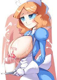 1girls blue eyes chobonolly container cup emmy the nandroid emmy  the robot female female only hair ornament lactating lactation maid maid  headdress maid uniform milk milk in container milk