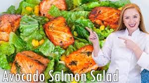 Finish your delicious starter with a sprinkling of toasted seeds, using half a tablespoon per plate, and garnish with a wedge of blood. Easy Avocado Salmon Salad Juicy Salmon With Green Goddess Dressing Youtube