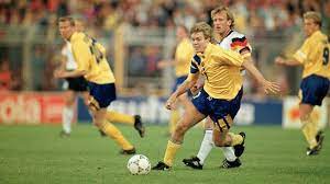 Sweden 2 Germany 3 In 1992 In Stockholm Tomas Brolin And Andreas Brehme In Action In The European Championship S European Championships Football Kits Dortmund