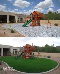 Before And After Kids Play Area Idea Using Artificial Turf With Built In Cushioning Kids Prescho Play Area Backyard Turf Backyard Artificial Grass Backyard