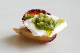 Caprese Canape With Slow Roasted Tomatoes Buffalo Mozzarella Homemade Pesto Ramsons Bramble Canapes Recipes Recipes Appetizers And Snacks Food