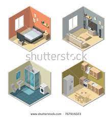 isometric interior vector illustration modern set of bathroom kitchen living room bedroom modern room interior