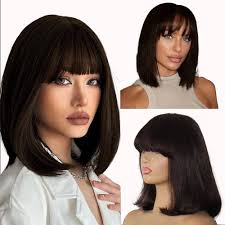 Savasana Bob Wigs for Black Women Human Hair Light Yaki Straight Brown Bang  Wigs Glueless 8 Inch