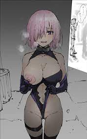 1girls ahegao00 ahemaru big breasts boobs breasts fategrand  order fate (series) female hair covering eye henriiku (ahemaru) japanese  text mash kyrielight navel nipples one eye covered pink hair purple