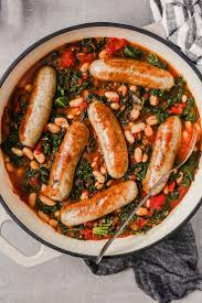 Tuscan Chicken Sausages With Kale White Beans Recipe Chicken Sausage Recipes Italian Chicken Sausage Sausage Recipes