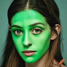 Sarah Abo with a bright green painted face in a candid portrait