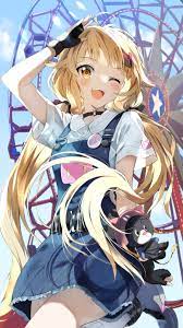 pentagon (railgun ky1206), shirli (tower of fantasy), absurdres, commentary  request, copyright request, highres, 1girl, ;d, ahoge, arm up, black  choker, blonde hair, blue sky, blush, brown eyes, choker, cloud, collared  shirt, day,