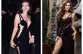 The dress was held together by several oversized gold safety pins. Elizabeth Hurley S Versace Safety Pin Dress Gets A Modern Update Wwd