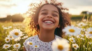 Joyful Girl Smiling Among Dandelions in a Sunny Field