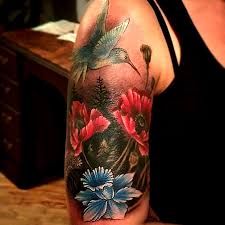 Half Sleeve Bird And Flower Tattoo Finishing Up This Pretty Half Sleeve On My Dear Friend Perrasm1 Prettytattoo Poppy Narcissus Hummi Half Sleeve Tattoo Floral Tattoo Sleeve Sleeve Tattoos