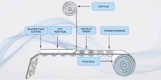 PVC 필름이 가열되어 포켓이 형성되고, 알약이 투입된 후 알루미늄 호일로 덮여 실링되는 공정 단면 도해