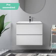 D wall hung bath vanity in elm ember with cultured marble vanity top in white with white sink with. White Bathroom Wall Hung Vanity 600mm Drawers 2 Pack Melbourne Arova