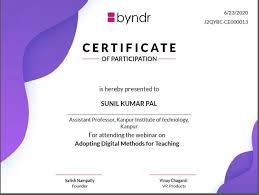 Sunil Kumar Pal Assistant Professor Mca Dept Kanpur Institute Of Technology Was Awarded A Certificate For Attending Webinar On A In 2020 Teaching Webinar Technology