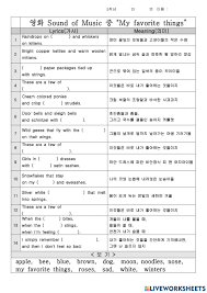 Raindrops on roses and whiskers on kittens, bright copper kettles and warm woolen mittens, brown paper packages tied up with strings, these are a few of my favorite things. My Favorite Things Song Lyrics Worksheet