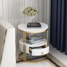 Round marble tray, white marble decorative tray platter, table centerpiece with dome cover for house. Modern Marble White Nightstand With Drawer With Shelf Round End Table In Gold Base White In 2021 Gold Bedroom Decor White And Gold Nightstand Black White And Gold Bedroom