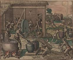 Historia de América: cosecha de caña de azúcar y producción de azúcar por  esclavos indios que trabajan para los conquistadores españoles (Grabado)