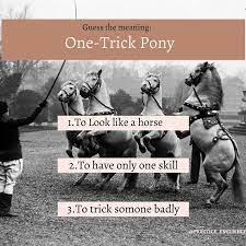 Practice Conversational English The Idiom One Trick Pony Means Someone Or Something That Is Only Good For One Particular Purpose Or At Doing One Particular Thing Nowadays It Also Means A Person