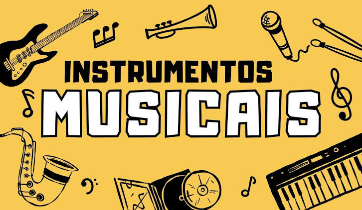 A imagem contém um fundo amarelo com desenhos de instrumentos musicais.