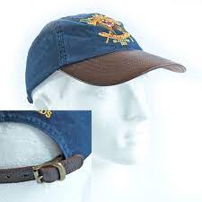 Ralph Lauren Baseball Cap Hat Navy Blue Gold Equestrian Leather Strap Peak Ralph Lauren Baseball Cap Leather Straps Baseball Cap