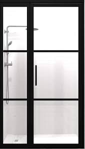 Gridscape Gs2 2 1 Hinged Door And Panel In Black Finish And Clear Glass Shower Doors Industrial Shower Doors Framed Shower Enclosures
