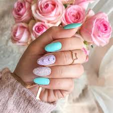 Pastel Mint Pink Nails With Glitter Hybrid Nails Paznokcie