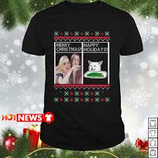 Black, light gray, dark gray, or navy please review color chart for the the different type of shirts. Merry Christmas Happy Holidays Woman Yelling At A Cat Meme Shirt