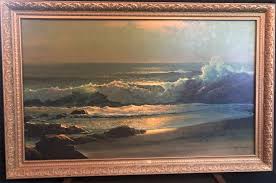 Robert Wood Original Oil Painting Titled Golden Surf On Canvas Of A Seascape Signed By The Artist In The Lower Right Corner With A Gold Finish Frame 45