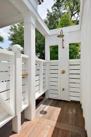 Outdoor Shower With Vintage Gooseneck Shower Head Cottage Deck Patio Outdoor Shower Outdoor Bathrooms Outdoor Baths